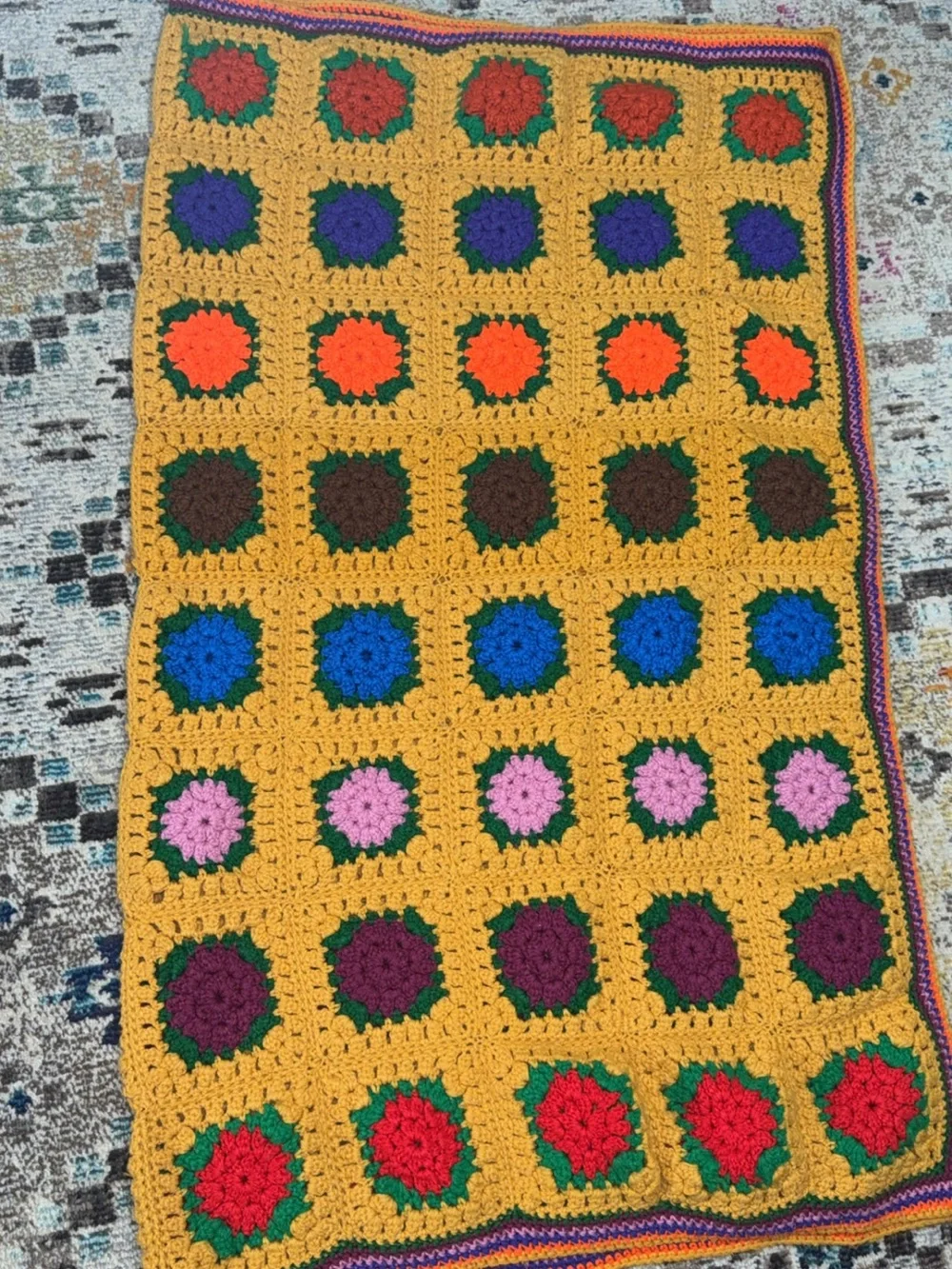 Handmade Mustard Yellow Crochet Granny Square Throw Blanket